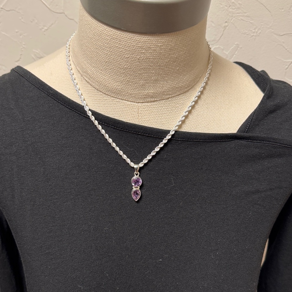 Elegant Sterling Silver and Amethyst Pendant  Rope Chain Necklace